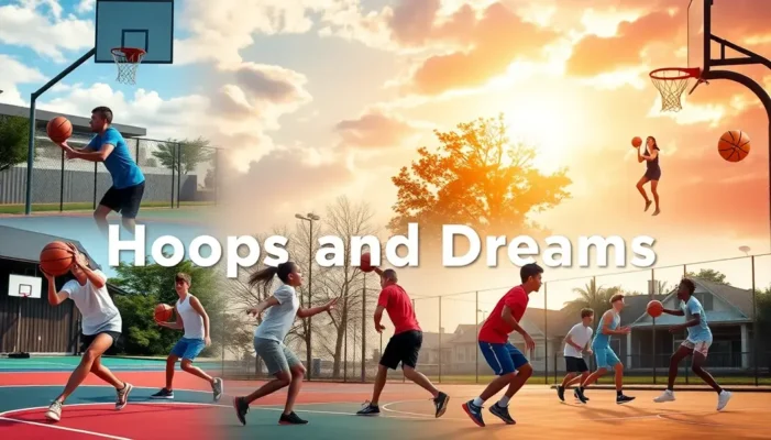 A collage of teenagers actively engaged in basketball training on various courts.