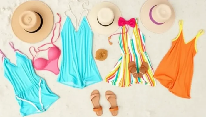 Collection of stylish beach vacation outfits laid out on sand.