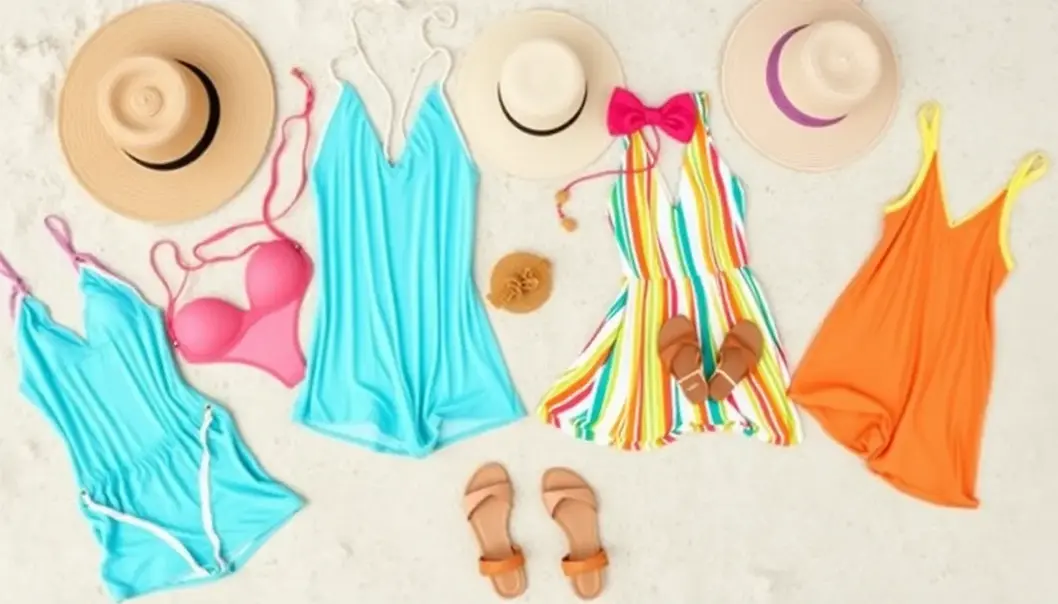 Collection of stylish beach vacation outfits laid out on sand.