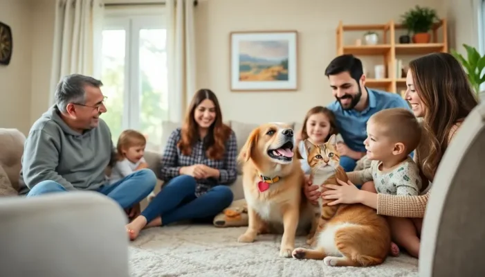 A family enjoying the company of a dog and cat, symbolizing harmony and support during life changes.