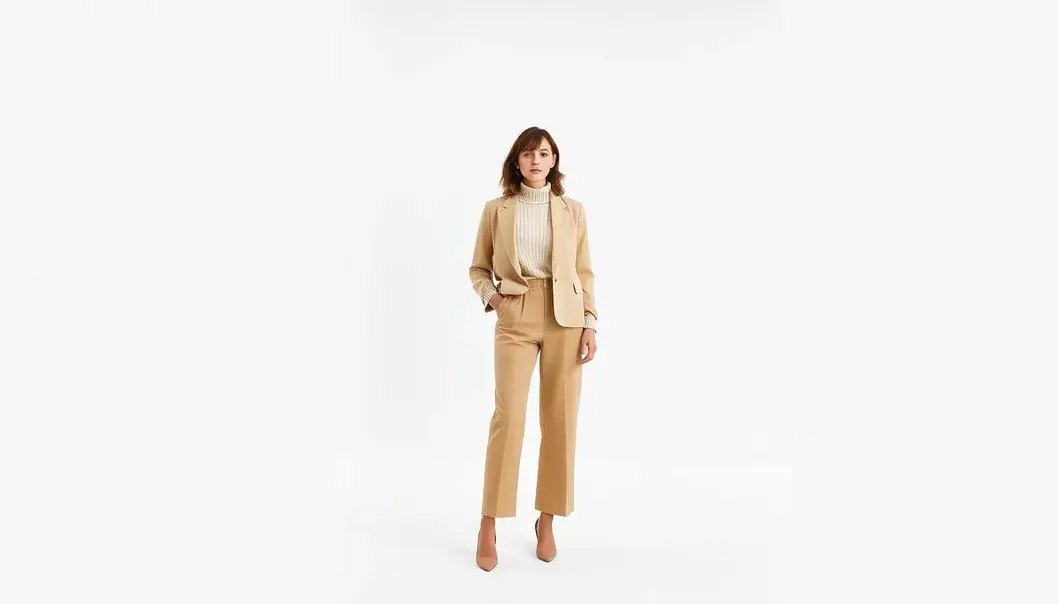 Tall woman mastering silhouettes with vertically striped blouse and high-waisted trousers.