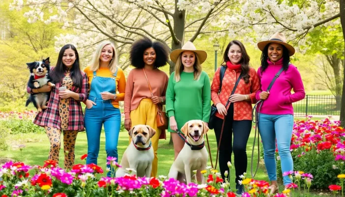 Group of pet owners in sustainable fashion enjoying a park with their pets.