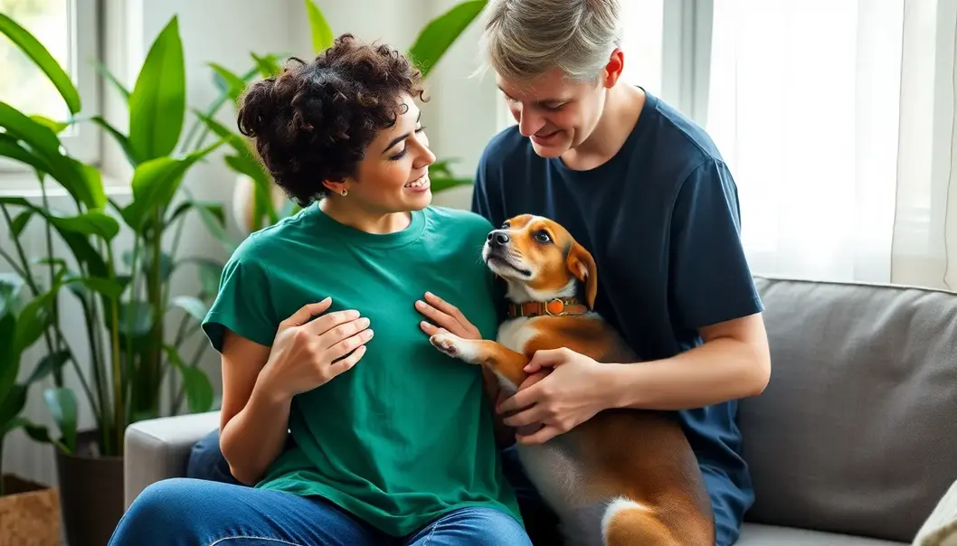 Pet owner showcasing a sustainable fashion choice with their furry friend.