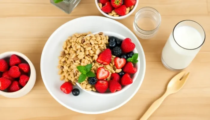 Breakfast table with organic cereals, fruits, almond milk, and bamboo utensils.