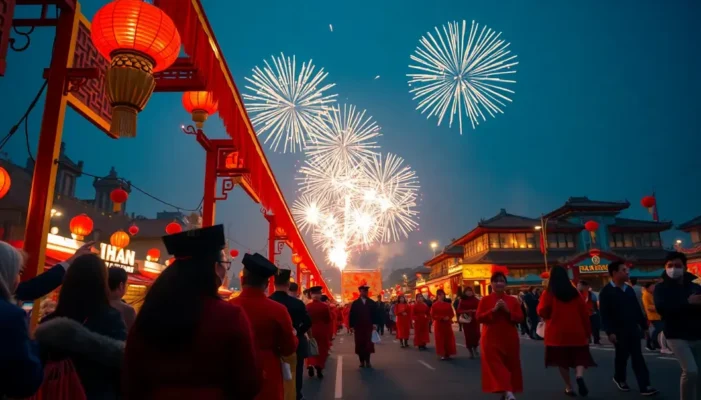 Participants in traditional festive attire during a Lunar New Year parade.