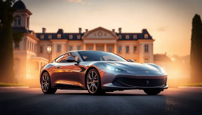 A high-end luxury car parked in front of a palatial residence, epitomizing luxury car insurance.