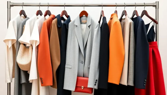 A clothing rack with various stylish women's office outfits and accessories.