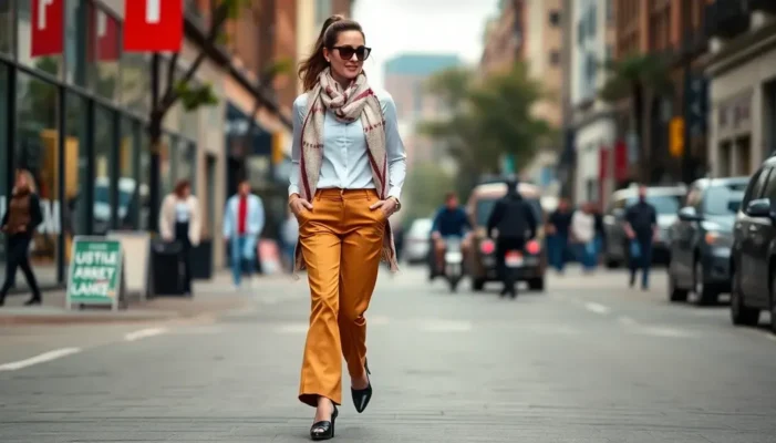 A petite woman on a city street wearing stylish, height-enhancing clothes.