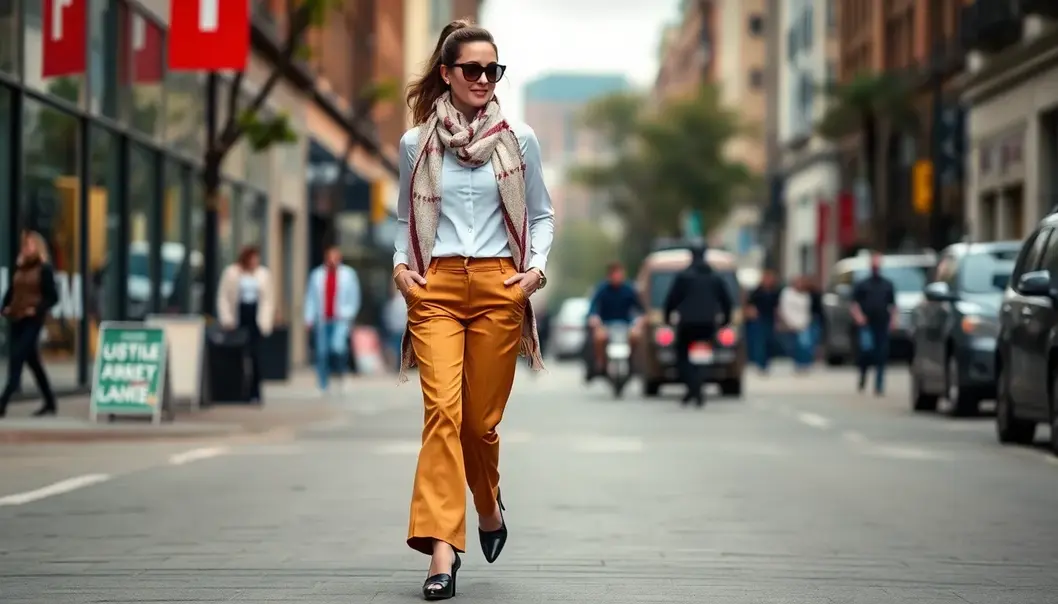 A petite woman on a city street wearing stylish, height-enhancing clothes.