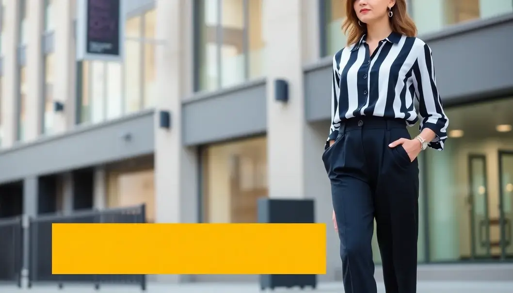 Tall woman mastering silhouettes with vertically striped blouse and high-waisted trousers.