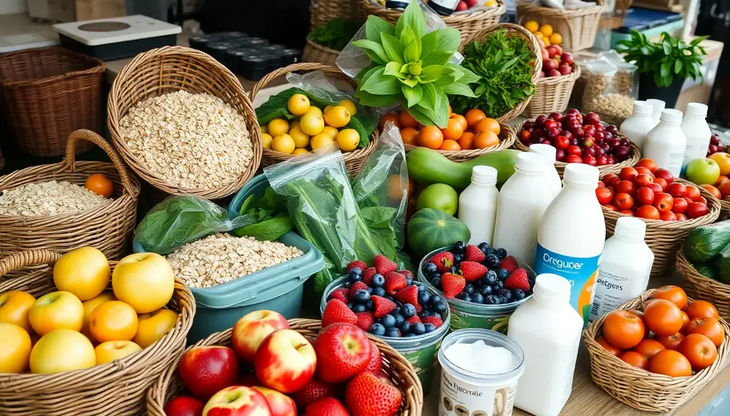 A selection of fresh, sustainable ingredients perfect for quick breakfast meals.
