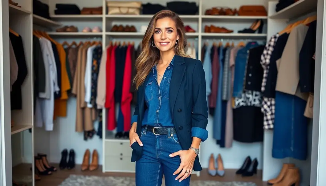Tall woman looking through a wardrobe with petite fashion pieces.